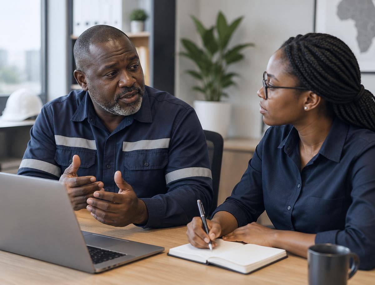 An experienced HSE manager mentoring a younger professional across an office table